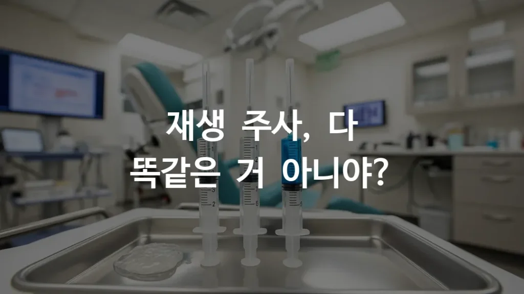 피부과 시술실에서 세 가지 주사기가 나란히 놓인 모습, 각각 다른 색상의 약물이 담긴 주사기
