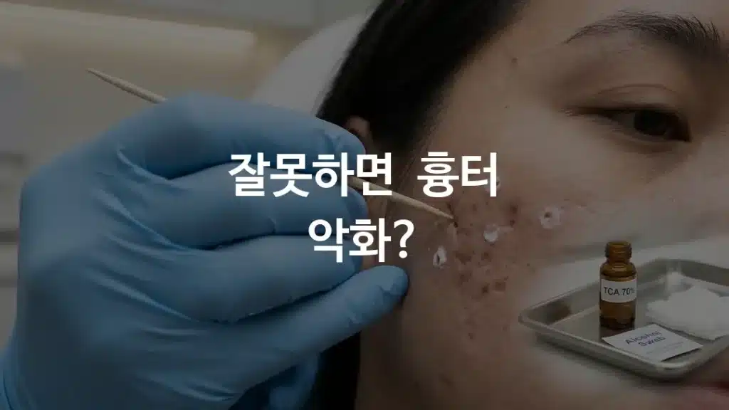TCA 크로스 시술로 여드름 흉터 부위에 프로스팅이 나타난 피부과 시술 장면