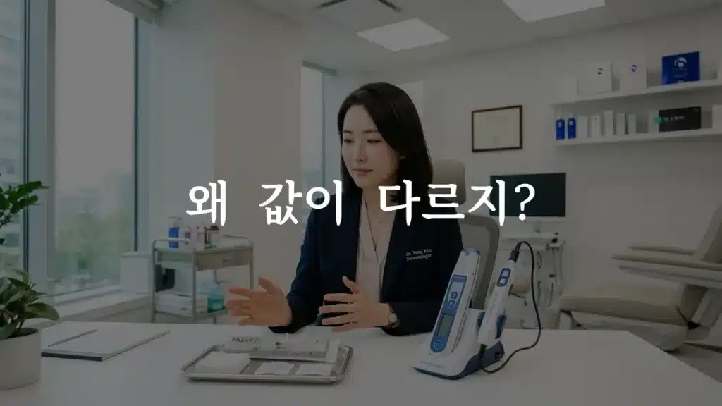 쥬베룩 손주사 기계주사 가격 차이 비교하는 피부과 상담 장면